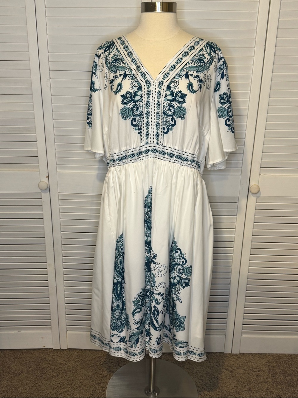 BloomChic White Midi Dress with Teal Floral Print